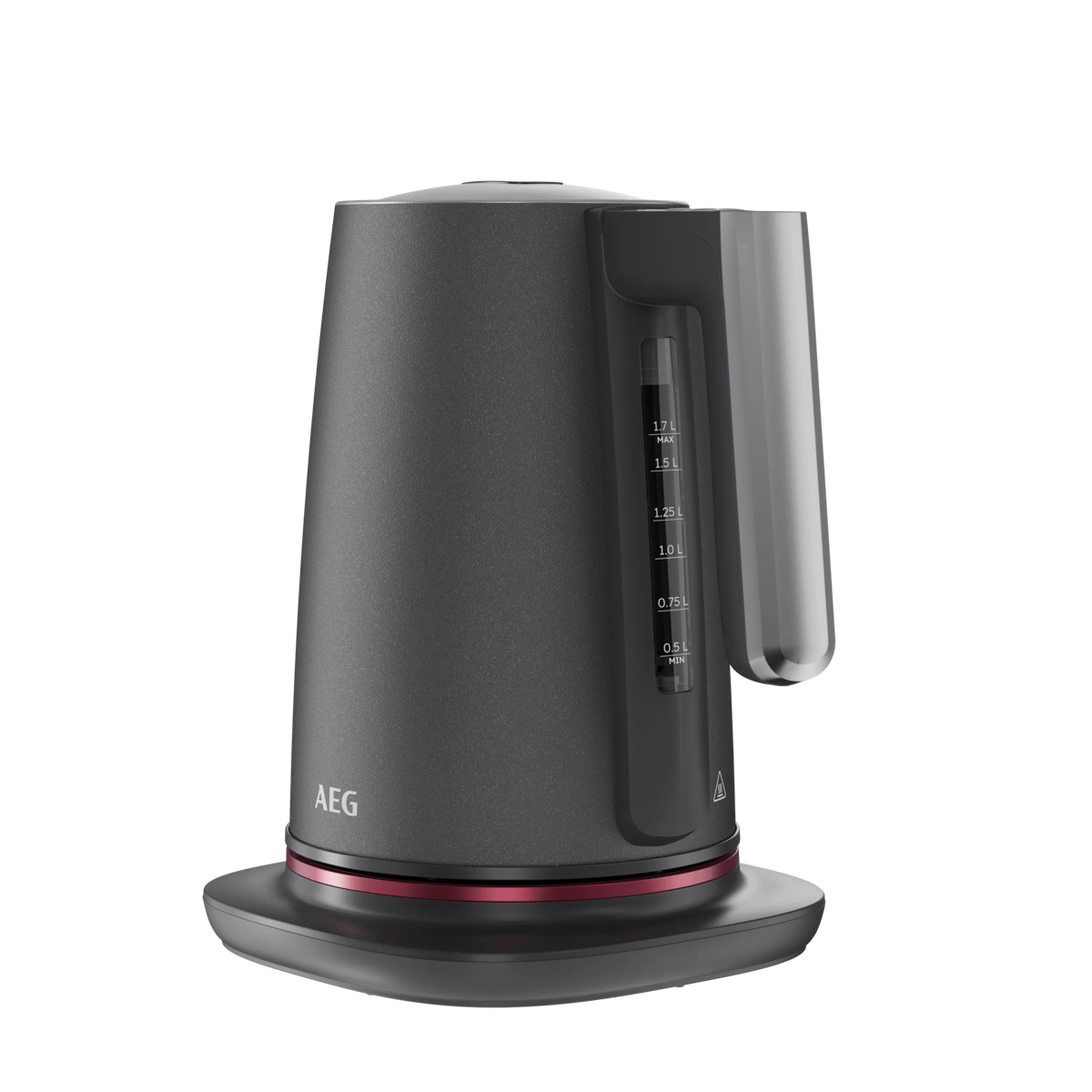 Hervidor eléctrico gris oscuro de la marca AEG con un anillo rojo en la base redonda.