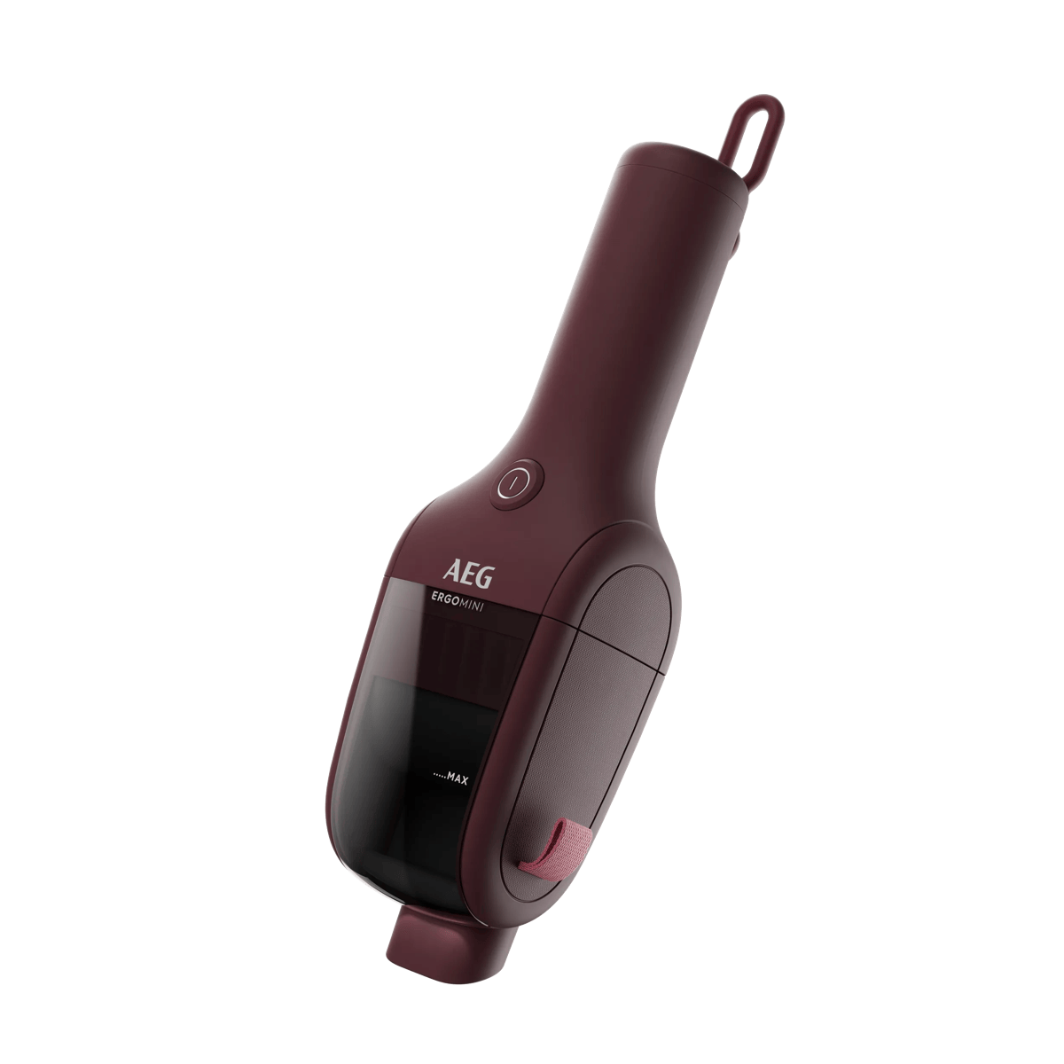 Aspiradora de mano AEG Ergomini de color rojo oscuro con recipiente de polvo transparente sobre fondo blanco.
