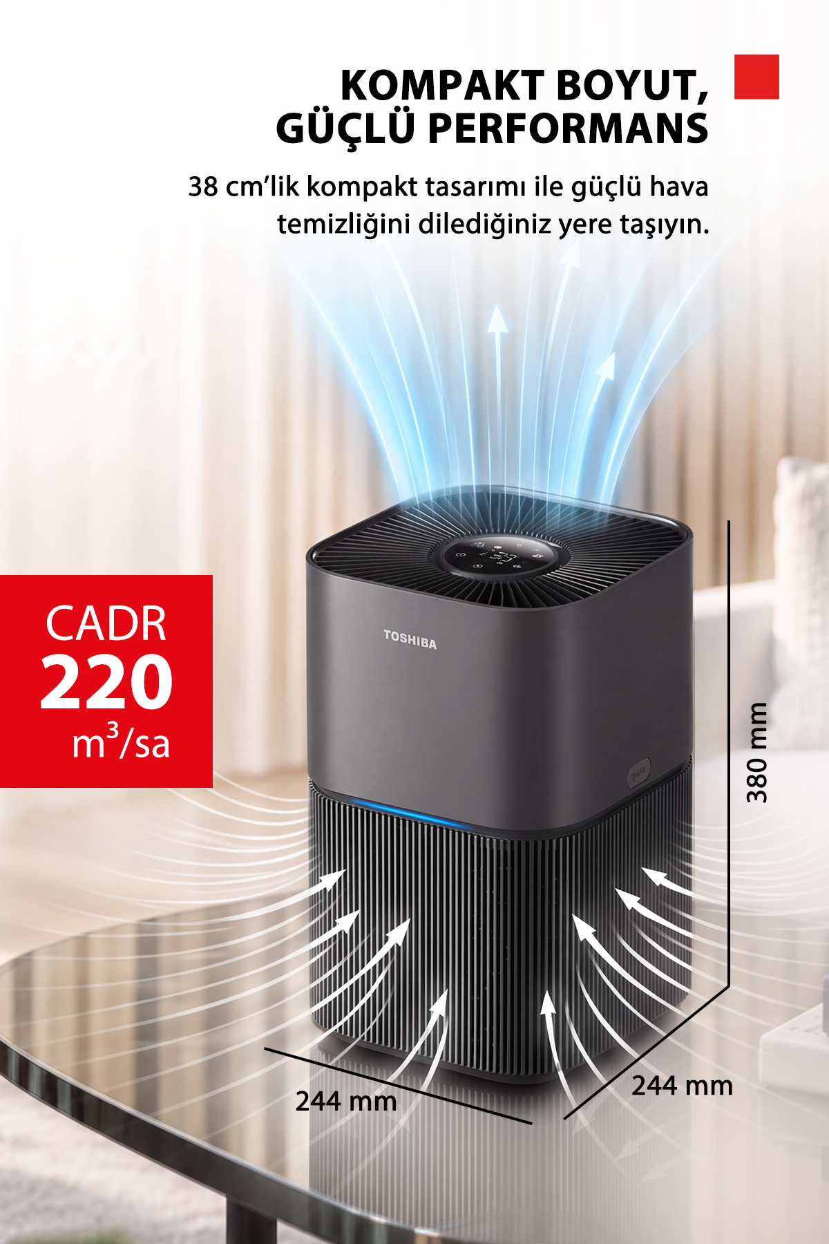Masada duran boyutları ve hava akışı okları gösterilen kompakt Toshiba hava temizleyici.