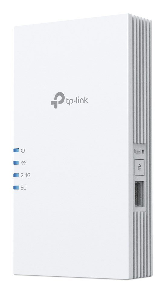 Biały wzmacniacz sygnału Wi-Fi TP-Link z lampkami stanu z przodu i portem Ethernet z boku.