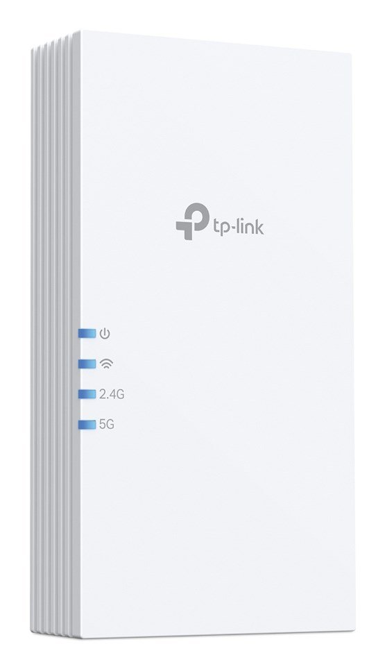 Biały wzmacniacz sygnału Wi-Fi TP-Link z czterema niebieskimi diodami LED na białym tle.