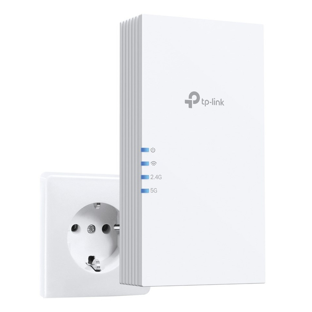Biały wzmacniacz sygnału Wi-Fi TP-Link z niebieskimi diodami wpięty do gniazdka.