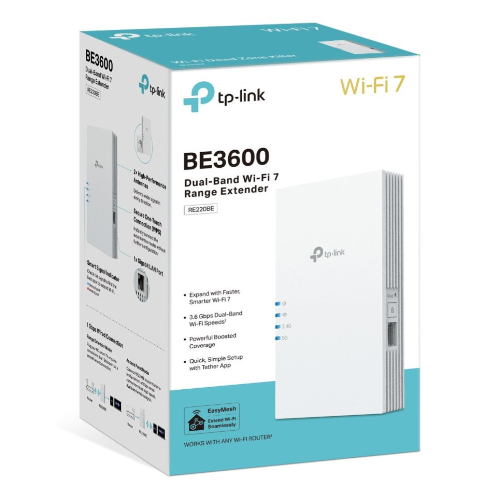 Opakowanie produktu TP-Link BE3600 Wi-Fi 7 Range Extender w kolorze białym i niebieskim.