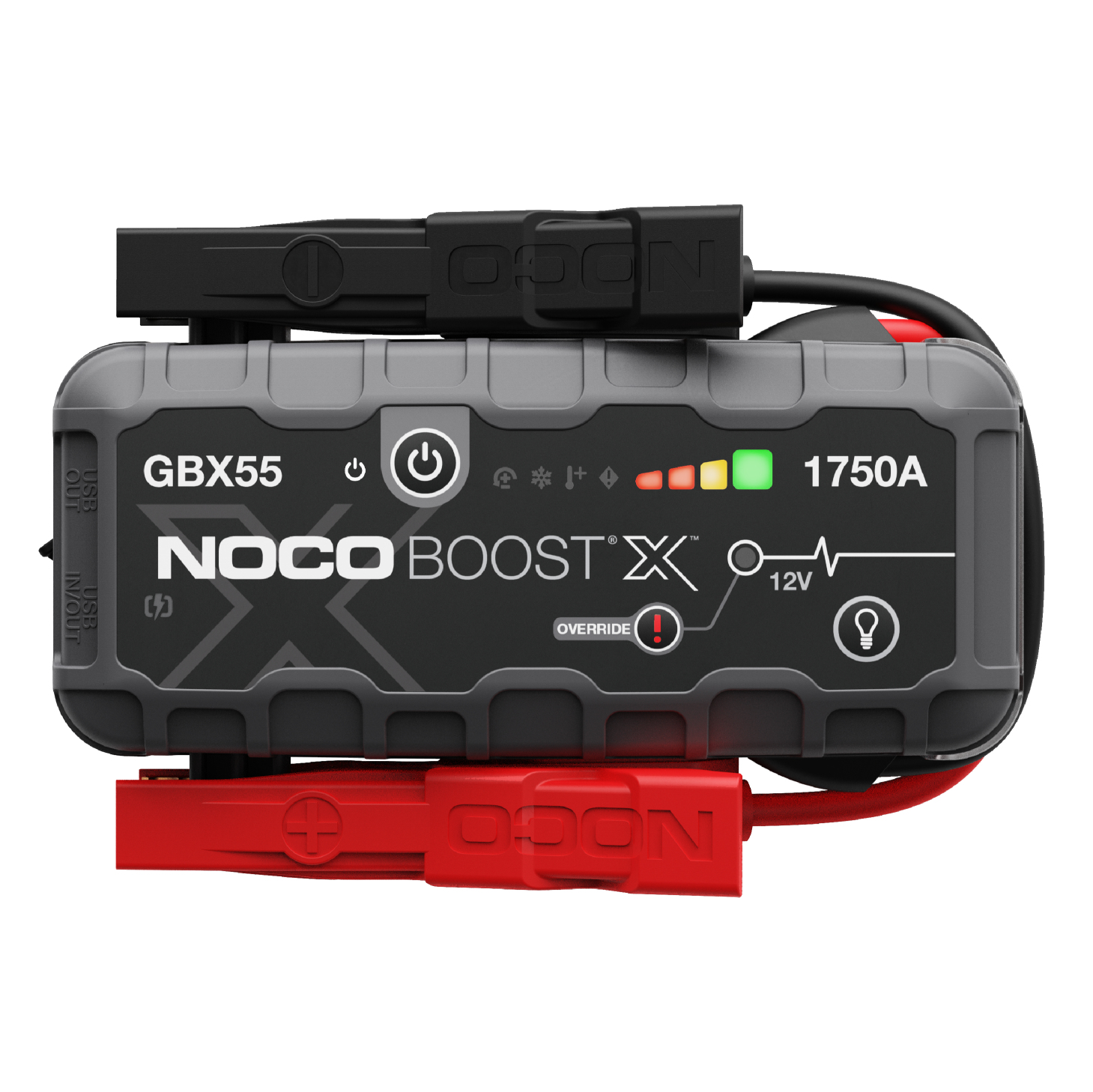 Urządzenie rozruchowe NOCO Boost X GBX55 z czarnymi i czerwonymi zaciskami.