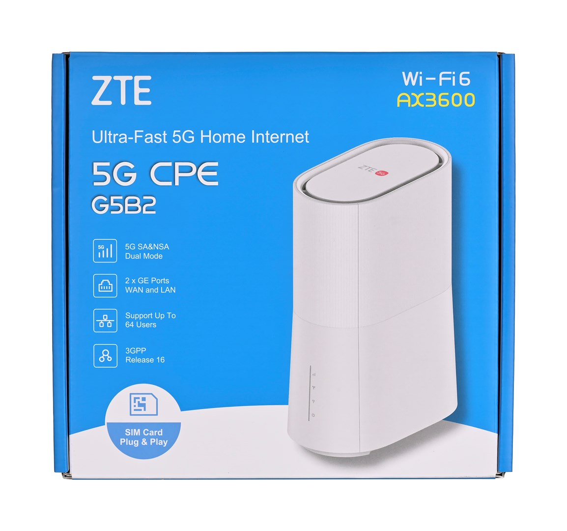 Niebieskie pudełko produktu routera ZTE 5G CPE G5B2 z białym zdjęciem urządzenia i szczegółami technicznymi.