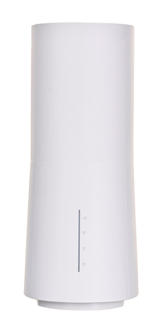 Biały, cylindryczny router bezprzewodowy z pionowymi żebrami, wskaźnikami stanu i przyciskiem zasilania.