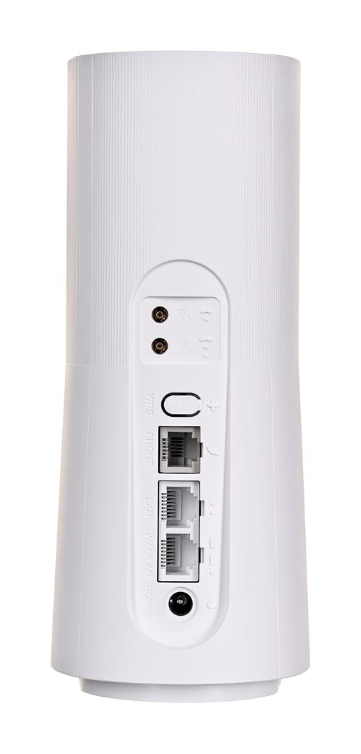 Tylny panel białego cylindrycznego routera z portami i przyciskami.