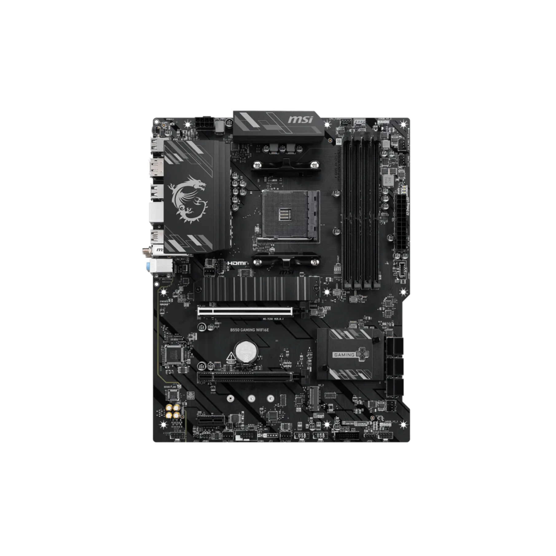 Czarna płyta główna MSI B550 Gaming WiFi6E z gniazdem procesora, slotami RAM i radiatorami na białym tle.