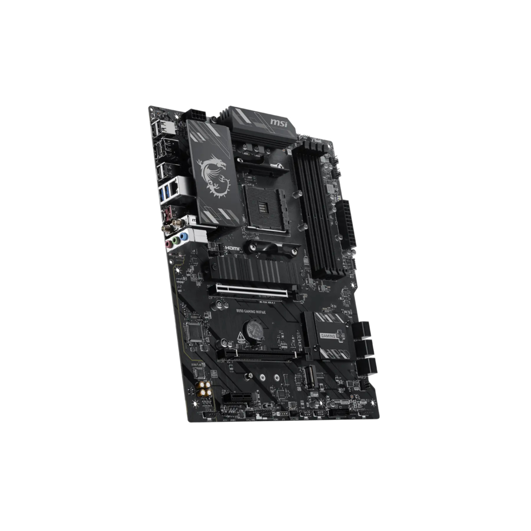 Czarna płyta główna MSI B550 gaming z radiatorami i portami.