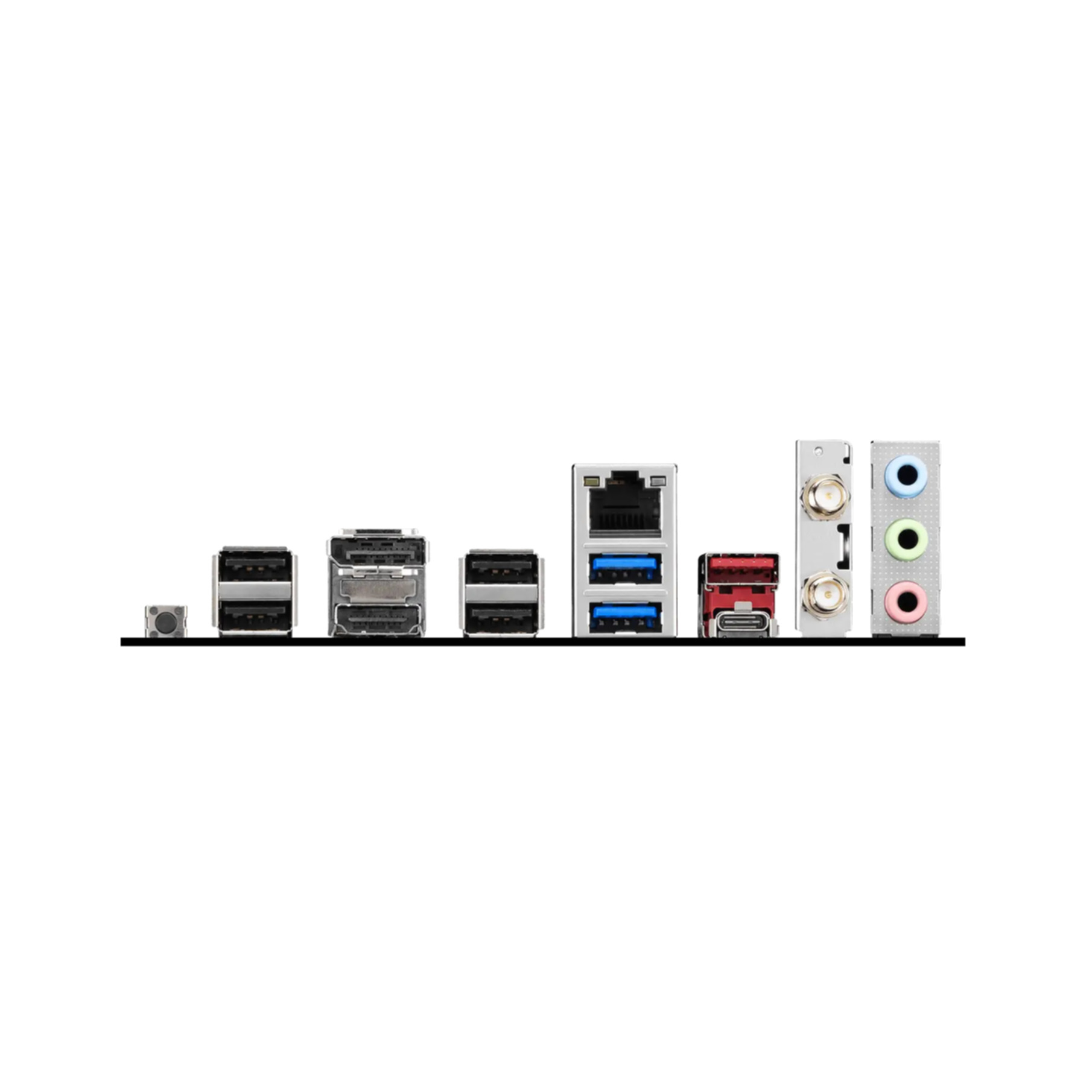 Tylny panel płyty głównej z portami USB, LAN, wideo i audio.