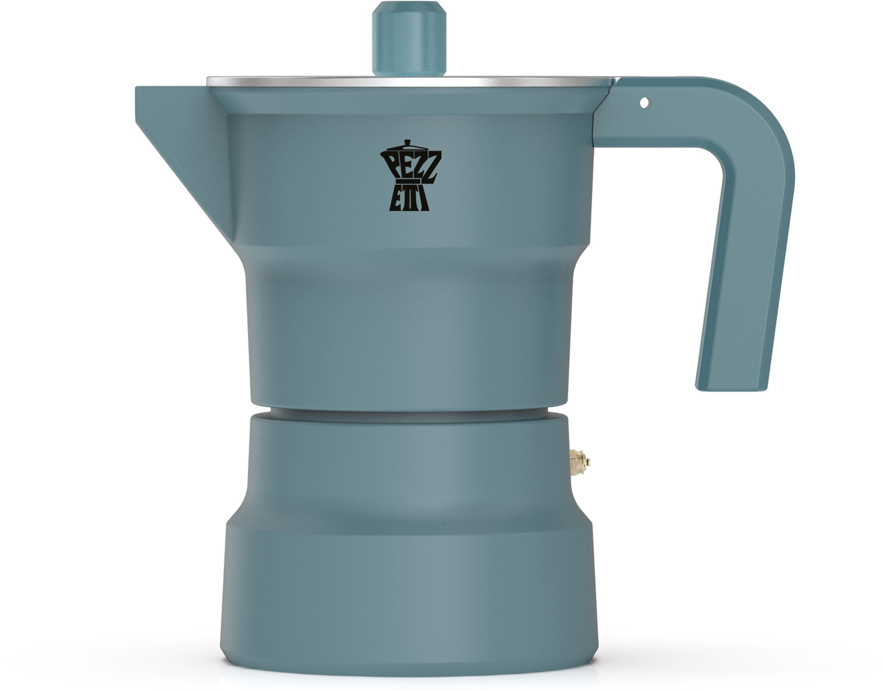 Una moka blu polvere opaco con logo Pezzetti nero su sfondo bianco.