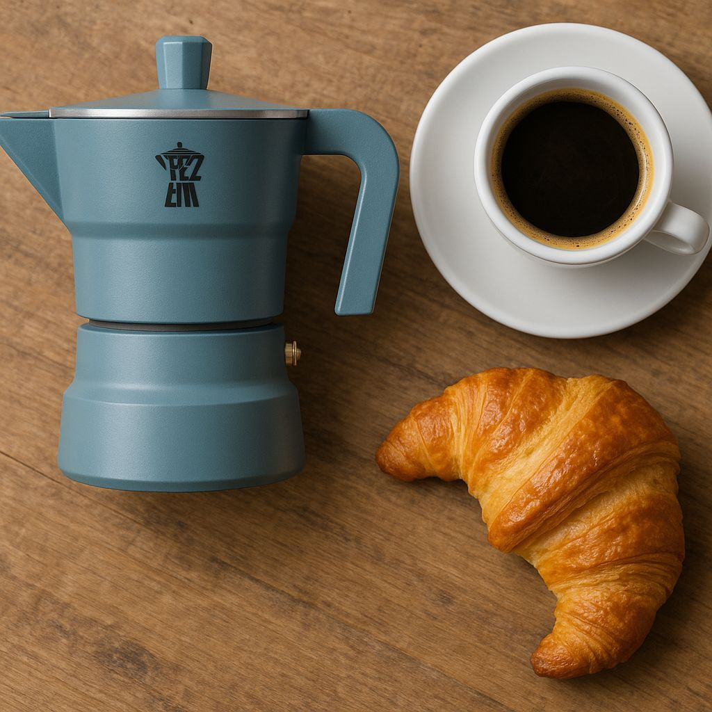 Caffettiera moka blu, tazza di caffè bianca e croissant fresco su tavolo in legno.