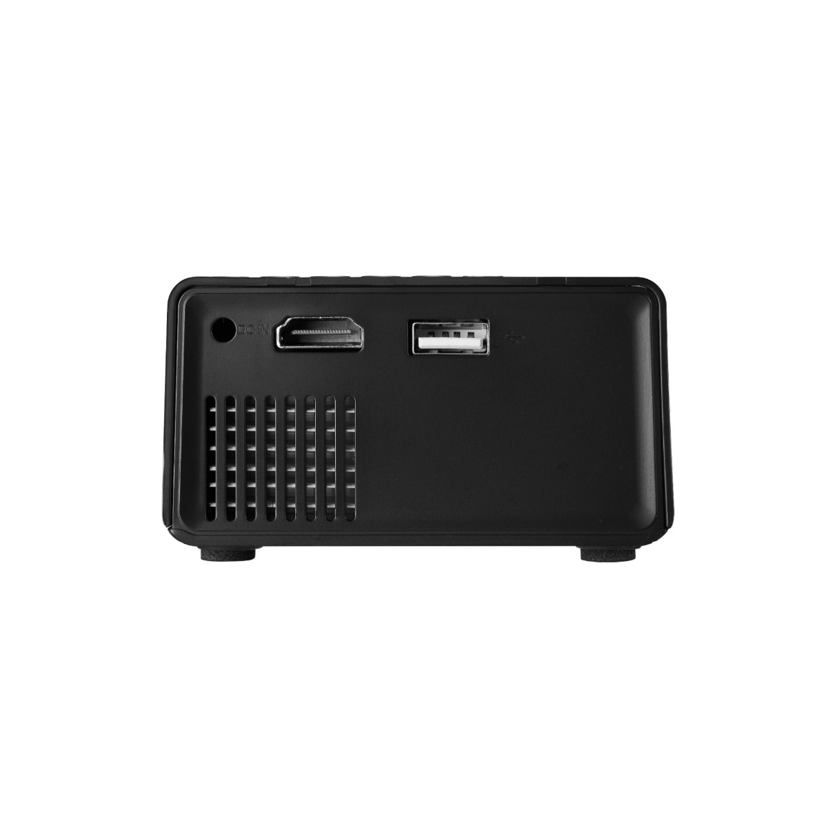 Egy kis fekete elektronikus eszköz hátlapja DC-in, HDMI, USB porttal és szellőzőnyílásokkal.