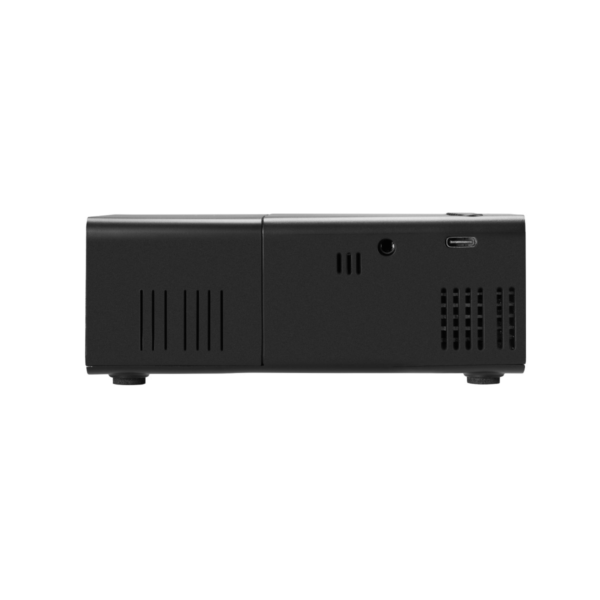 Egy fekete elektronikus eszköz oldalső nézete portokkal, szellőzőkkel és kis lábakkal fehér háttér előtt.