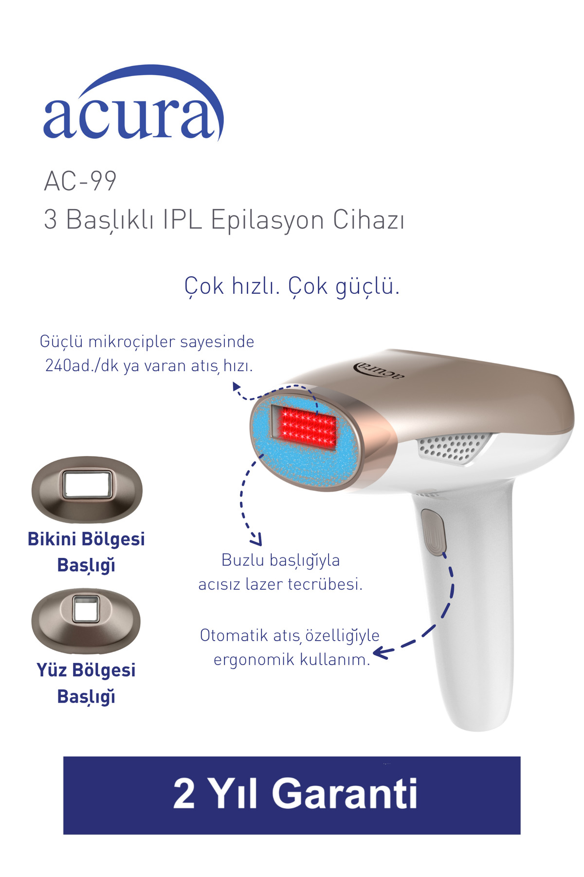 Üç başlıklı, buz başlıklı ve iki yıl garantili Acura AC-99 IPL Epilasyon Cihazı.