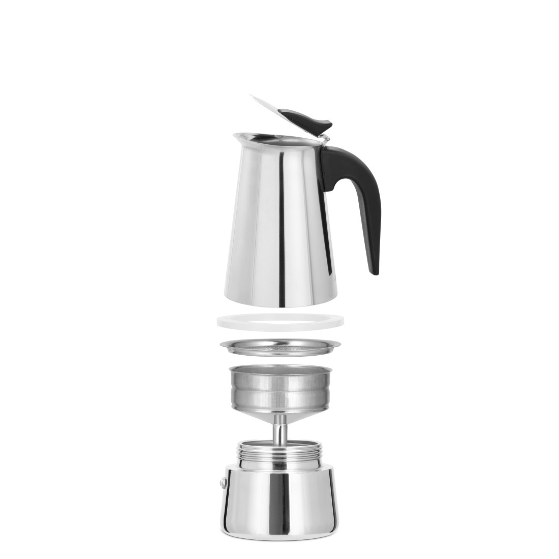 Una vista esplosa di una moka in acciaio inossidabile con manico nero, che mostra le sue singole parti.