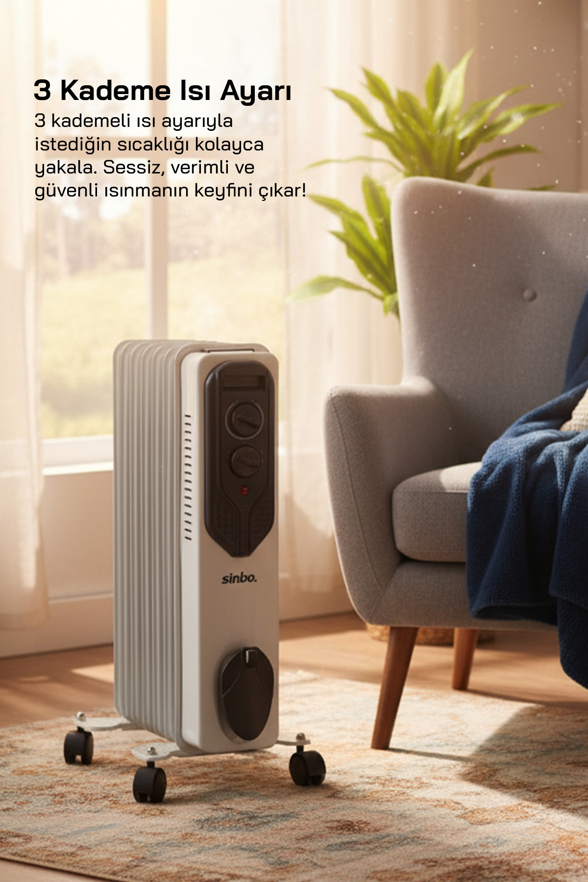 Arka planda bir koltuğun olduğu rahat bir odada beyaz bir Sinbo yağlı radyatör duruyor.