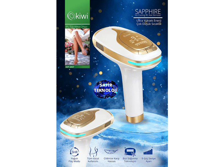 KIWI KEP-6837 Safir Buz Başlık | 9 Güç Seviyesi & SHR Modu IPL Lazer Epilasyon Cihazı Beyaz
