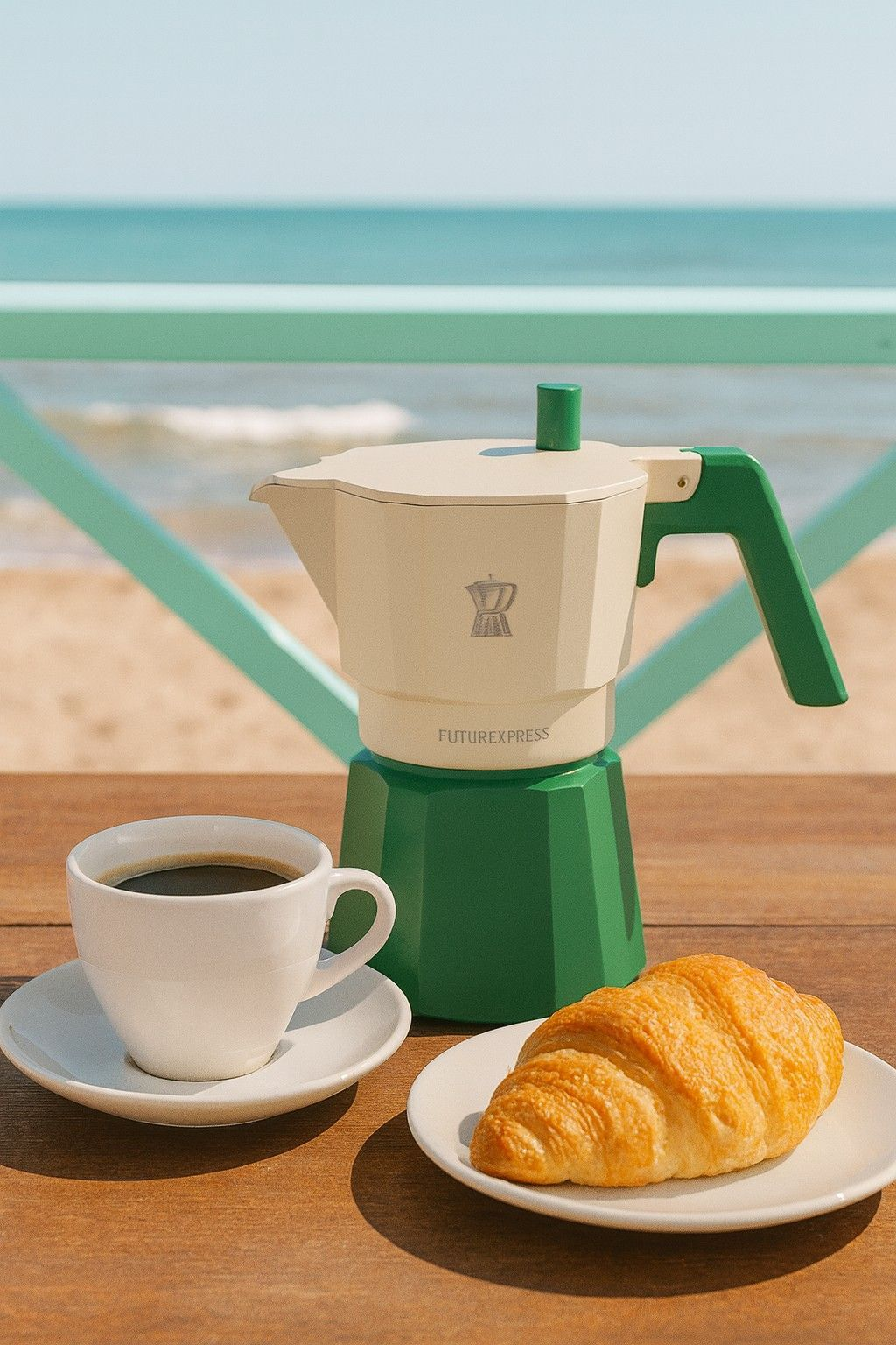 Una moka bianca e verde, una tazza di caffè e un cornetto su un tavolo di legno con sfondo la spiaggia.