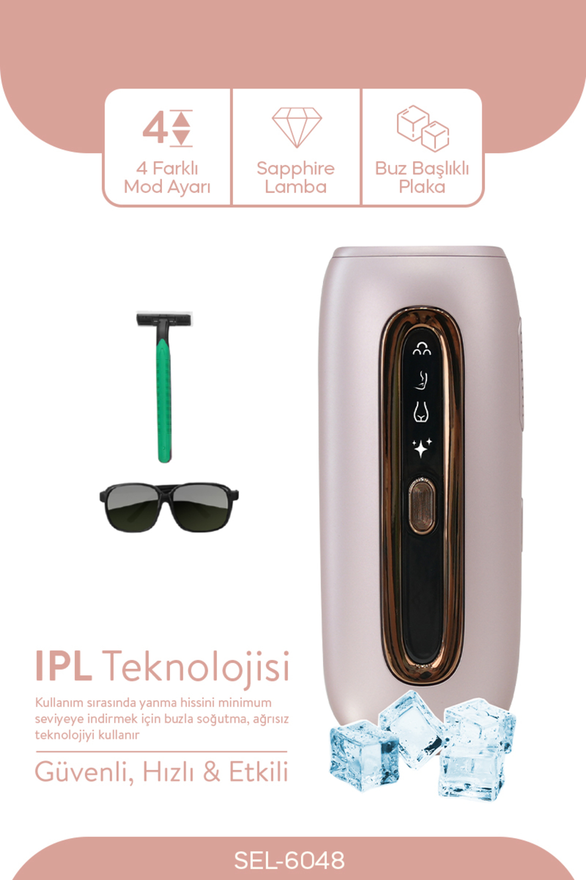 Tıraş bıçağı, gözlük, buz küpleri ve özellik ikonlarıyla pembe IPL epilasyon cihazı.
