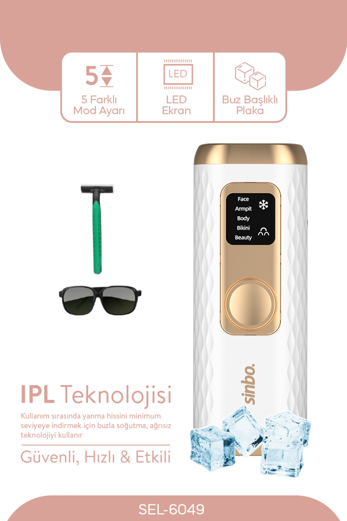 Pembe arka planda jilet, gözlük, buz küpleri ve 5 modlu IPL tüy alma cihazı.