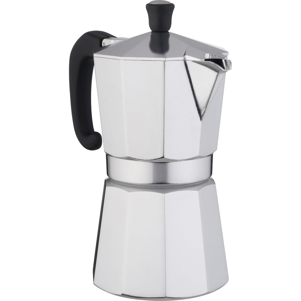 Caffettiera moka argentata con manico e pomello neri, isolata su sfondo bianco.