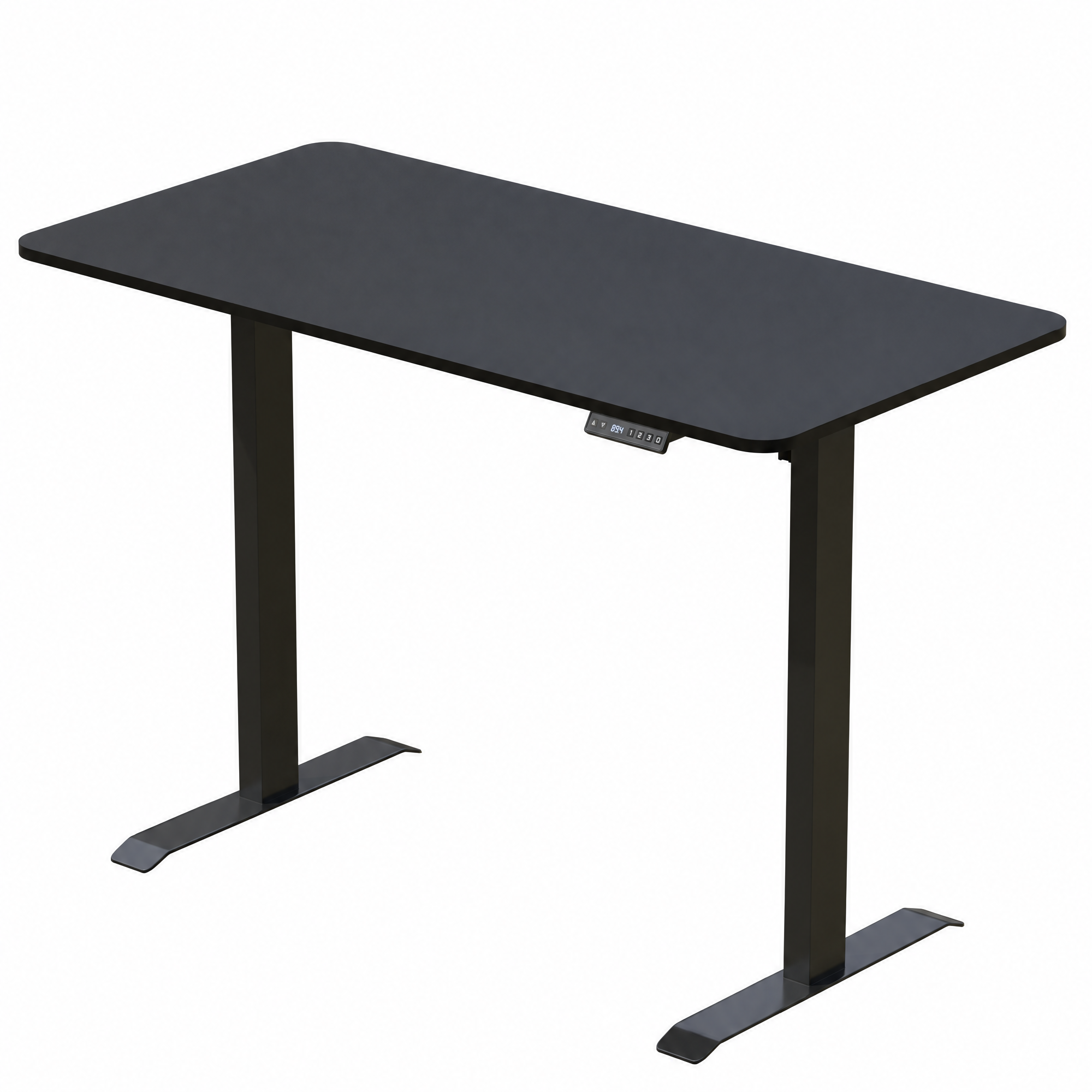 A modern black standing desk with a digital control panel on a white background.