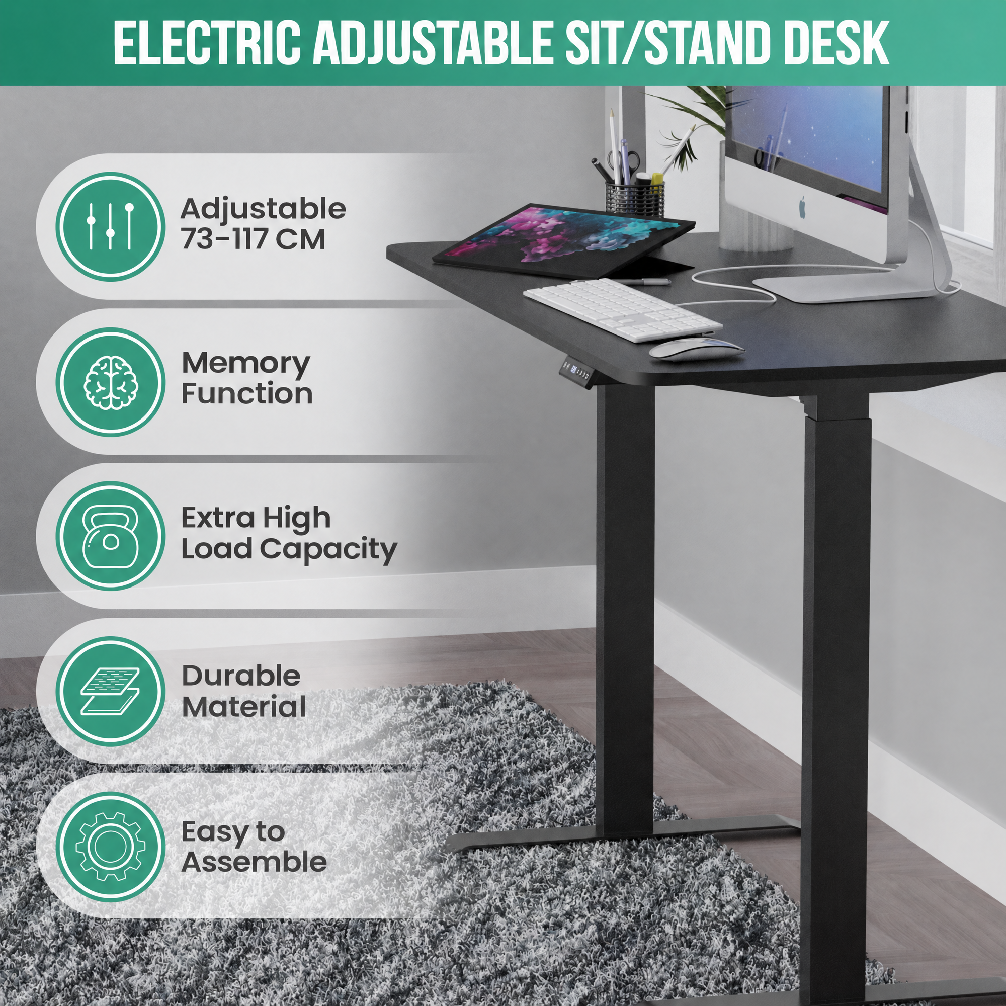 Electric adjustable sit-stand desk with a black frame, computer monitor, and keyboard on a gray carpet.