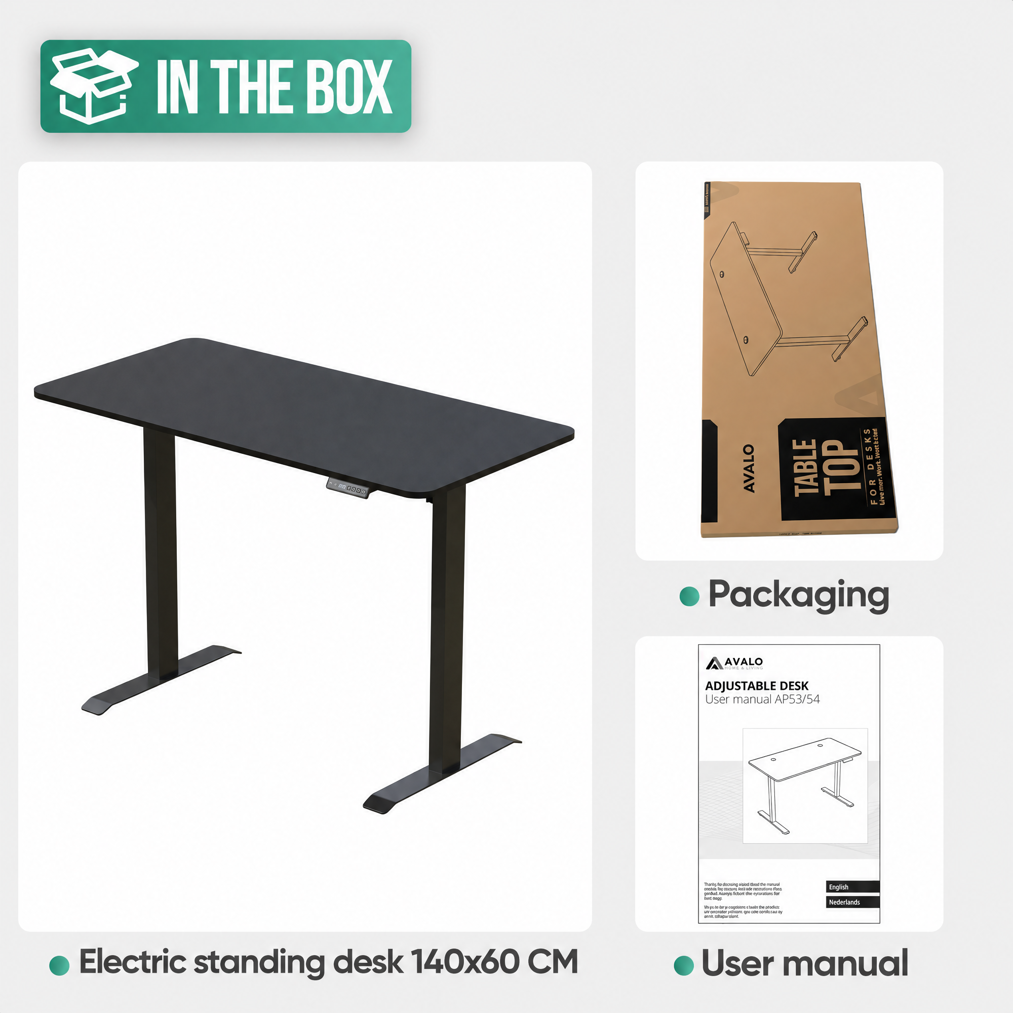Electric standing desk 140x60 cm with packaging and user manual.