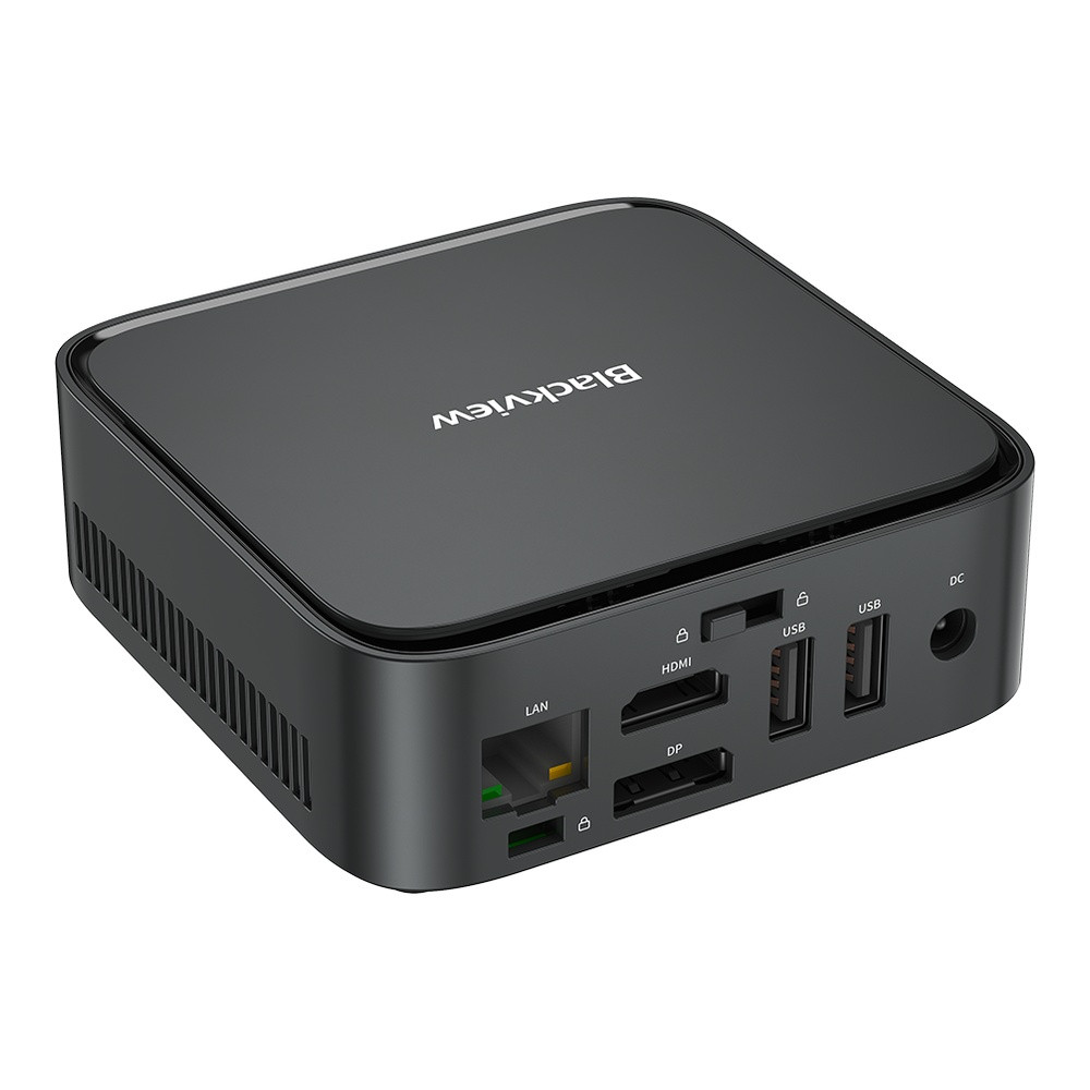 Czarny mini PC z logo Blackview na górze i różnymi portami z tyłu.