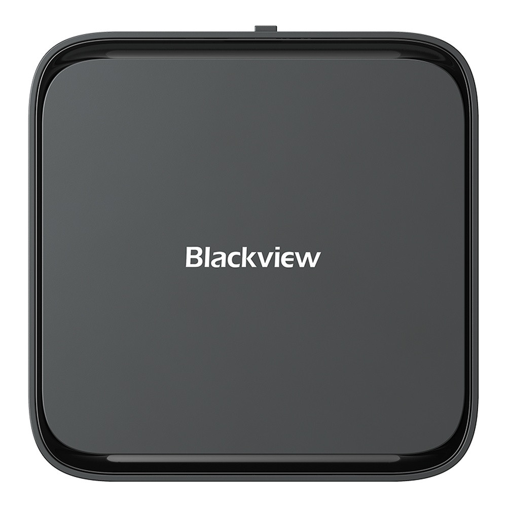 Czarne, kwadratowe urządzenie Blackview z zaokrąglonymi rogami widziane z góry.