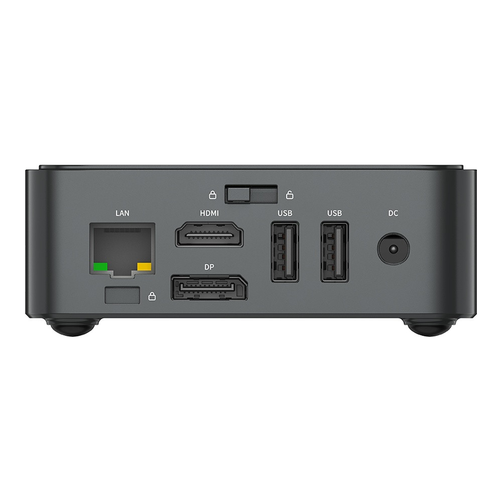 Widok z tyłu czarnej stacji dokującej z portami LAN, HDMI, DP, USB i DC.