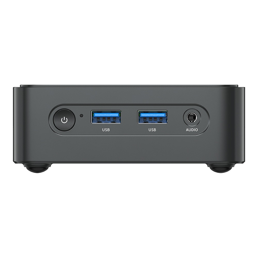 Widok z przodu czarnego mini PC z przyciskiem zasilania, dwoma portami USB i gniazdem audio.