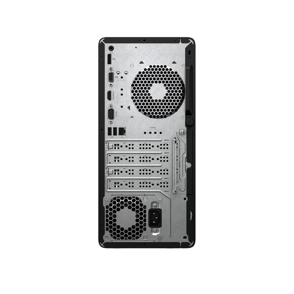 Tylny panel czarnej obudowy komputera stacjonarnego z portami USB, HDMI, gniazdami audio i wentylatorem.