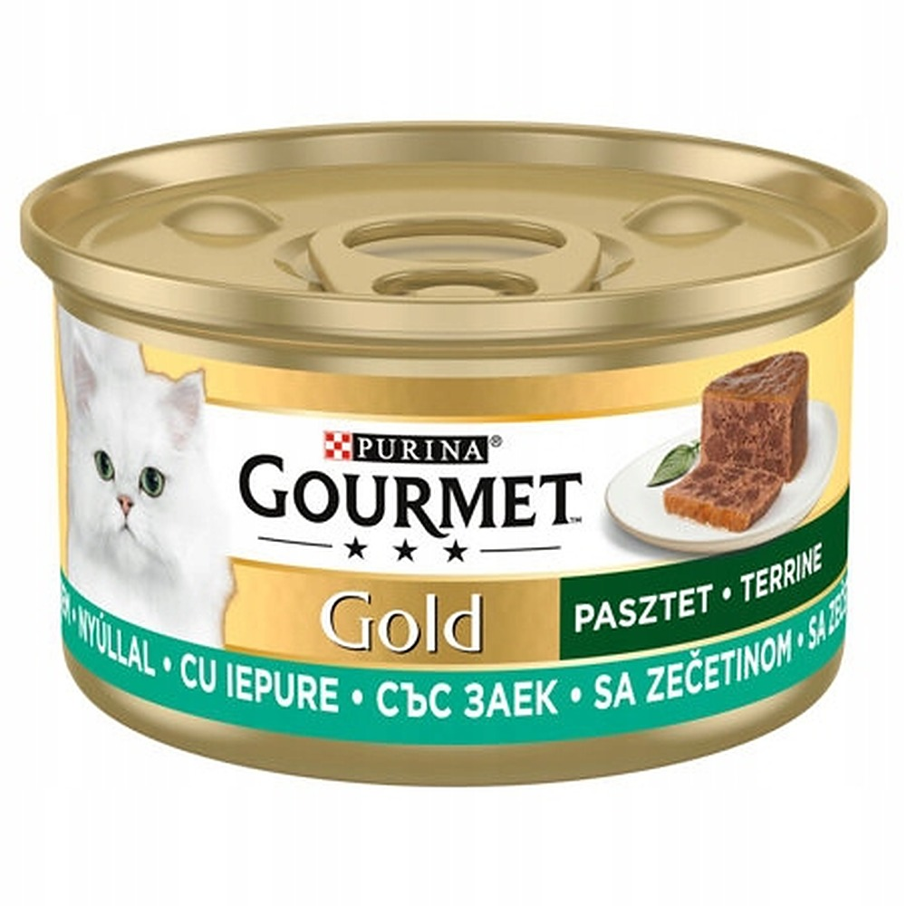 Złota puszka karmy dla kotów Purina Gourmet Gold z białym kotem i pasztetem na etykiecie.