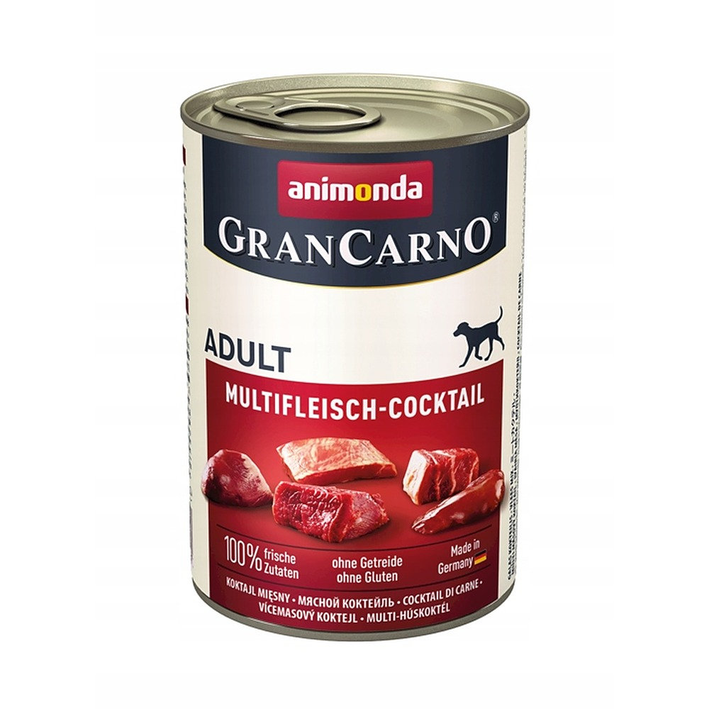 Puszka karmy dla psa Animonda GranCarno Adult Multifleisch-Cocktail z kawałkami mięsa na czerwonym tle.