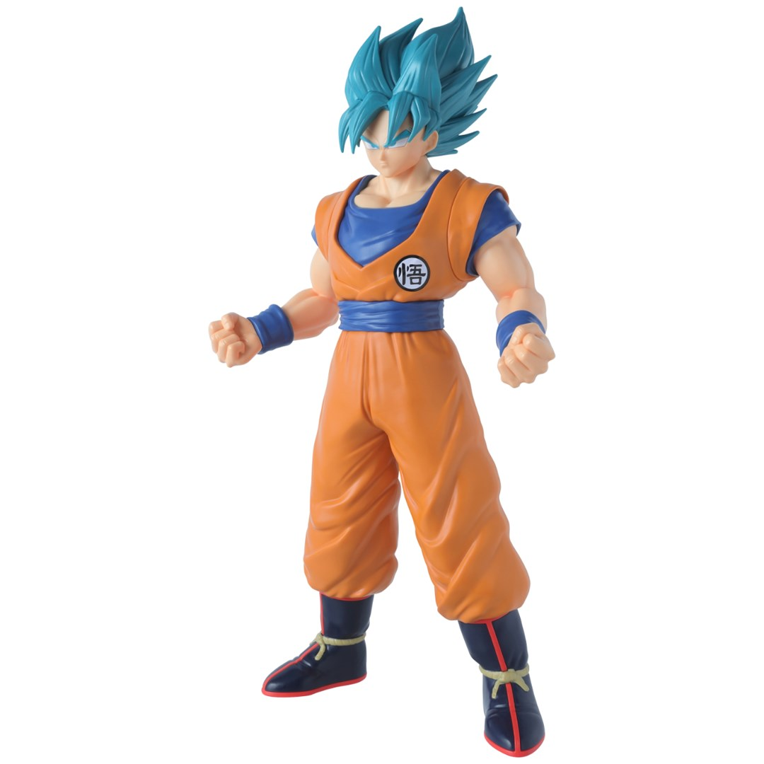 Figurka Goku z niebieskimi włosami w pomarańczowo-niebieskim stroju na białym tle.