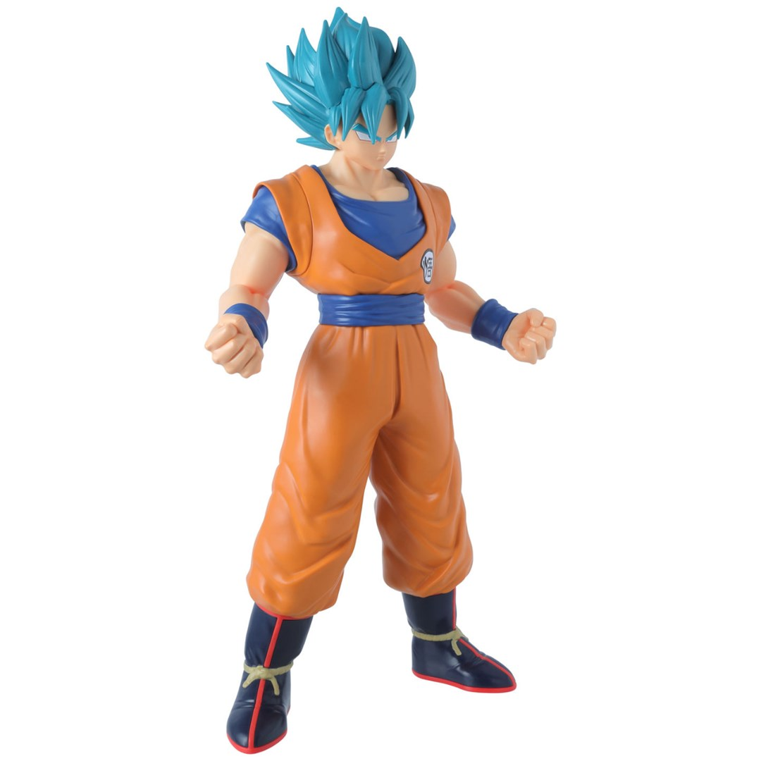 Figurka Goku z jasnoniebieskimi włosami, ubrana w klasyczny strój sztuk walki.