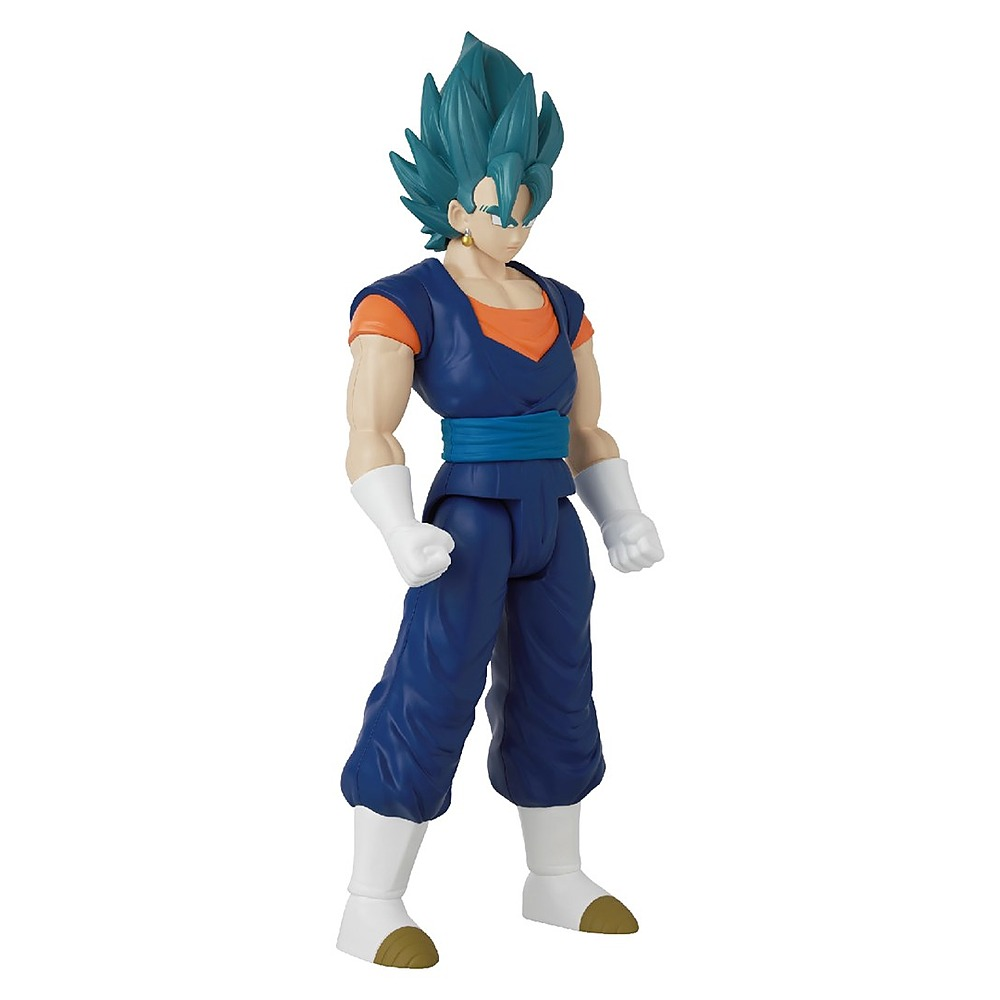 Figurka akcji Dragon Ball z niebieskimi włosami, niebieskim strojem i białymi rękawiczkami na białym tle.