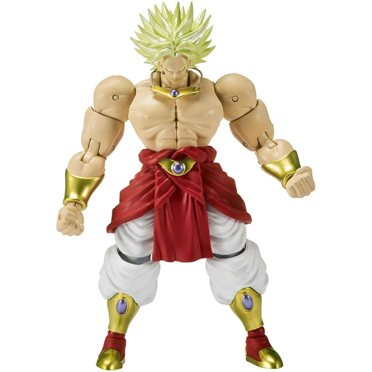 Muskularna figurka akcji Super Saiyan Broly z kolczastymi żółtymi włosami, czerwoną spódnicą i białymi spodniami.