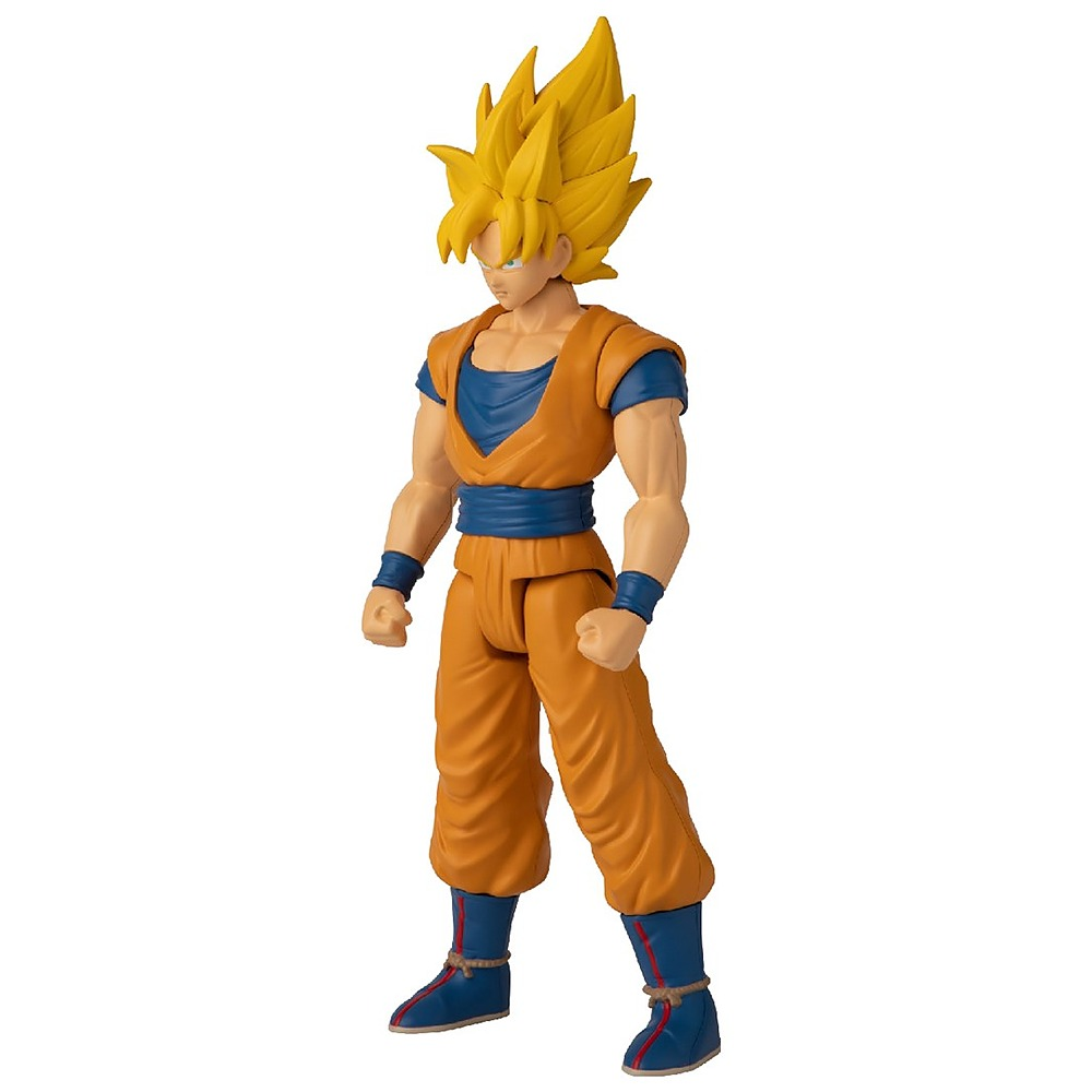 Figurka Super Saiyan Goku w pomarańczowo-niebieskim stroj na białym tle.