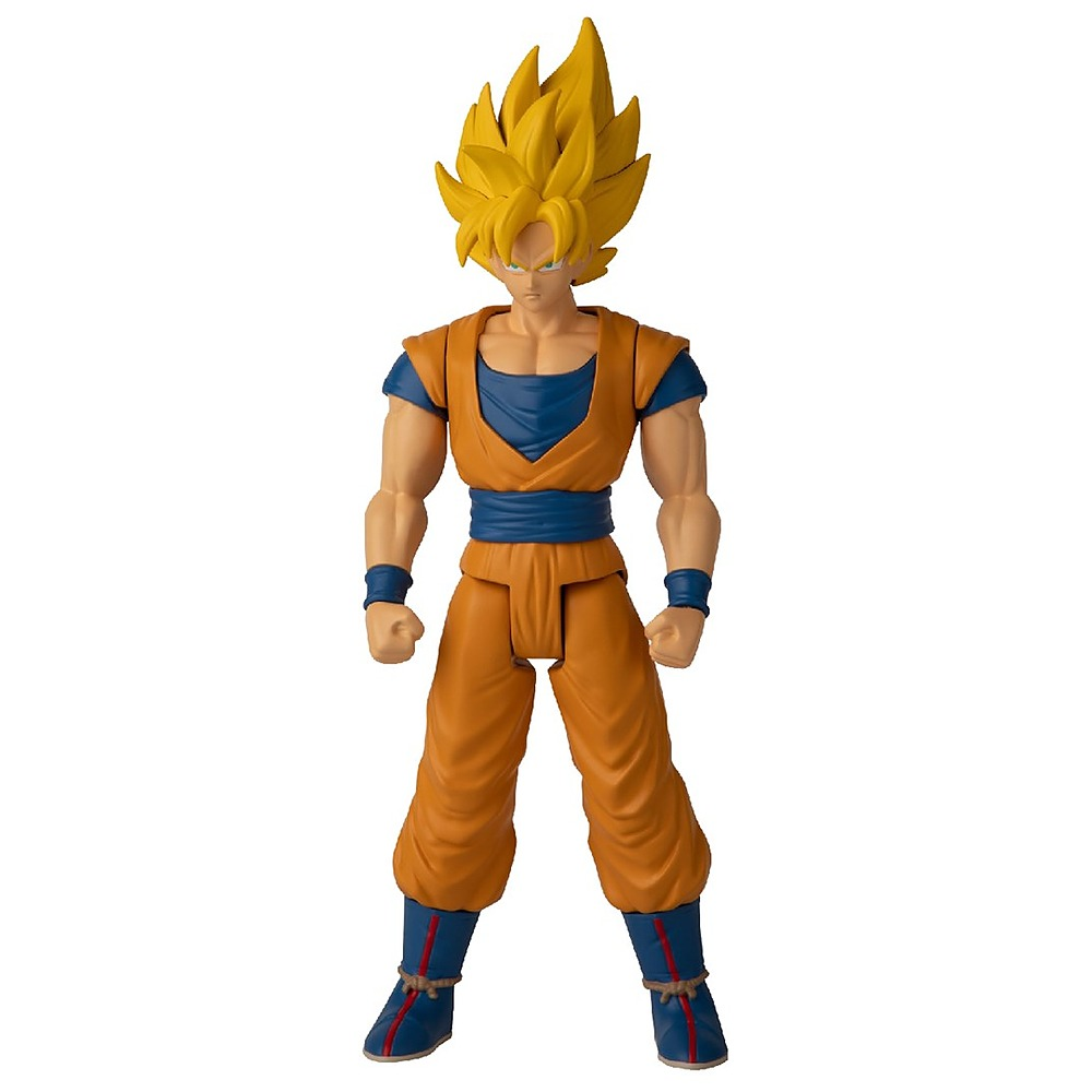 Figurka Super Saiyan Goku w pomarańczowo-niebieskim stroju na białym tle.