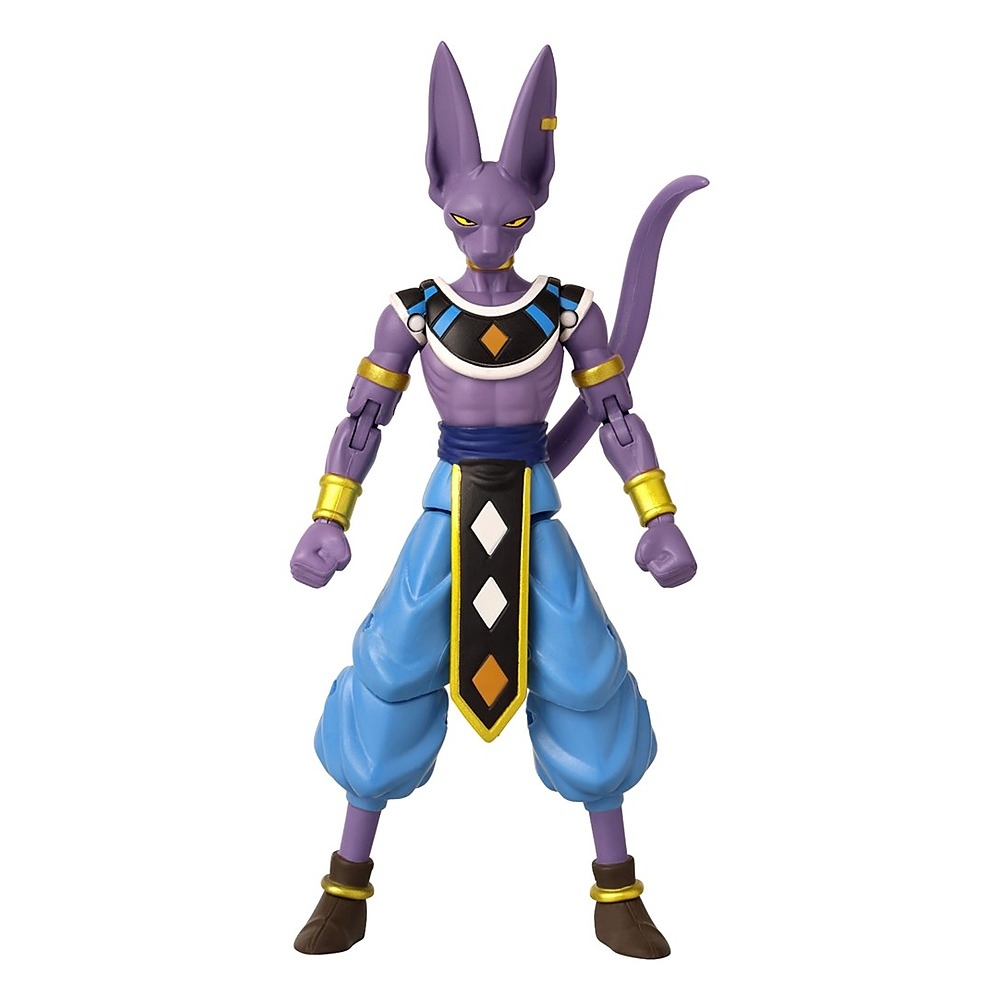 Figura akcji przedstawiająca fioletową, kocią postać Beerusa z Dragon Ball, w niebieskich spodniach i egipskim stroju.