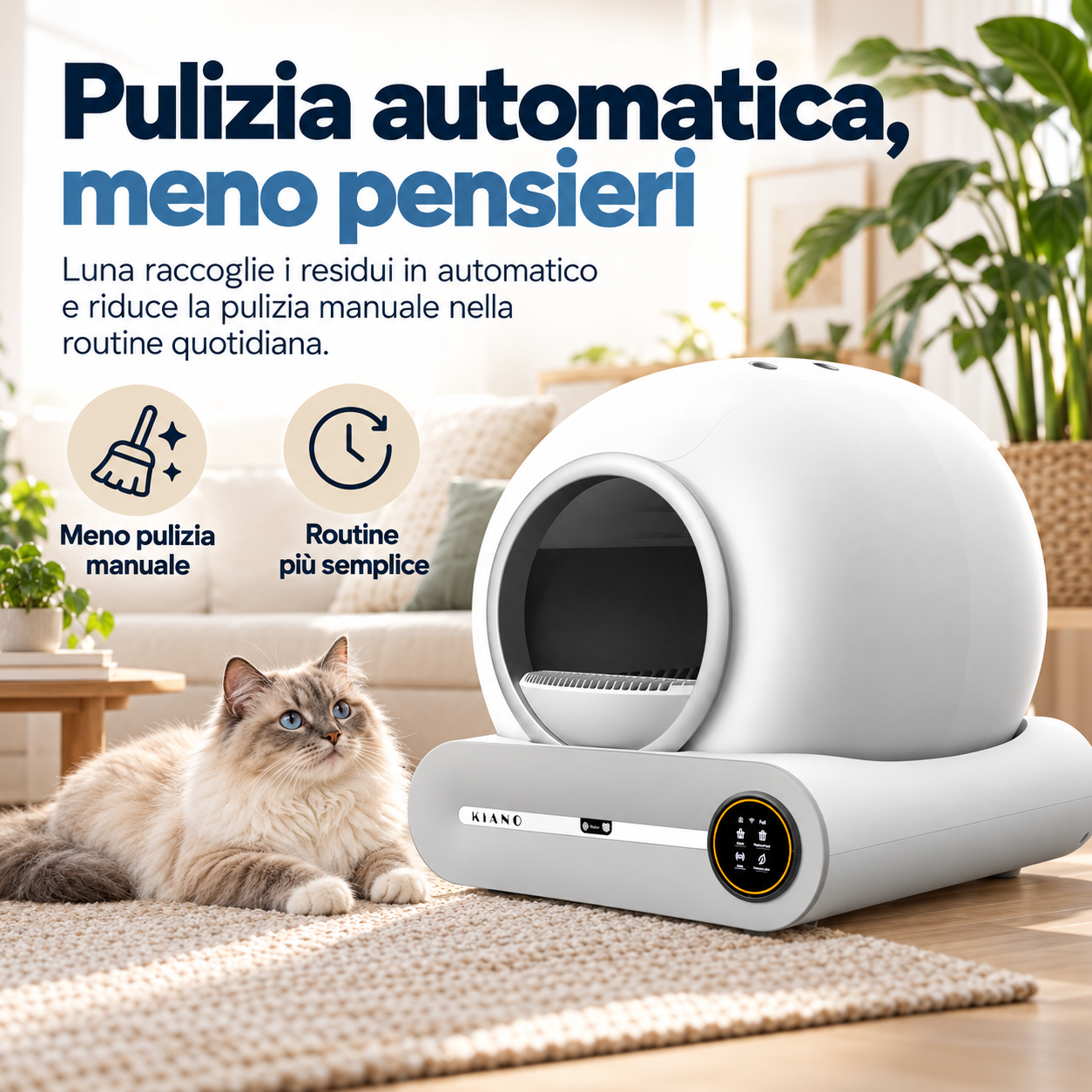 Biała automatyczna kuweta dla kota stoi na dywanie, a obok niej leży kot.