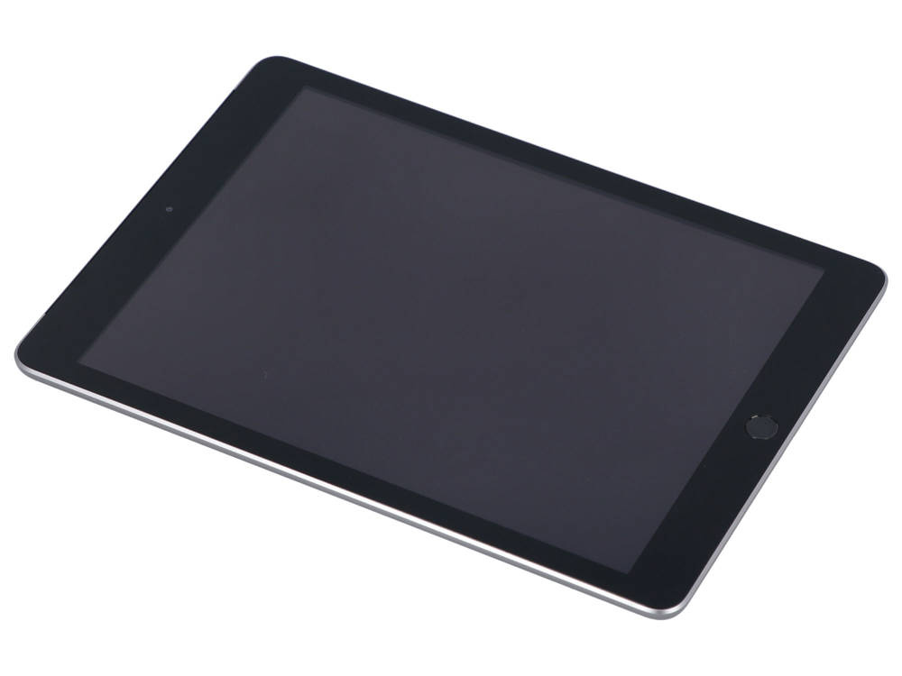 Czarny tablet leży ukośnie na białej powierzchni.