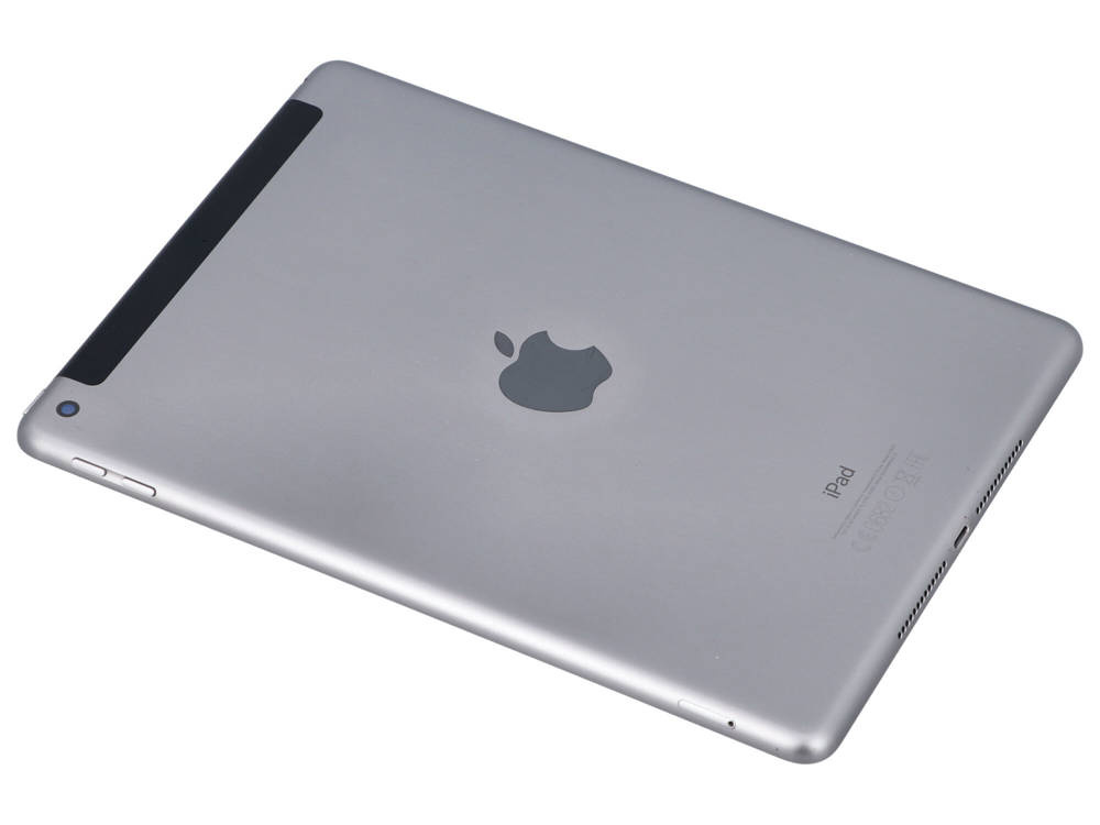 Tył szarego iPada z logo Apple na białym tle.