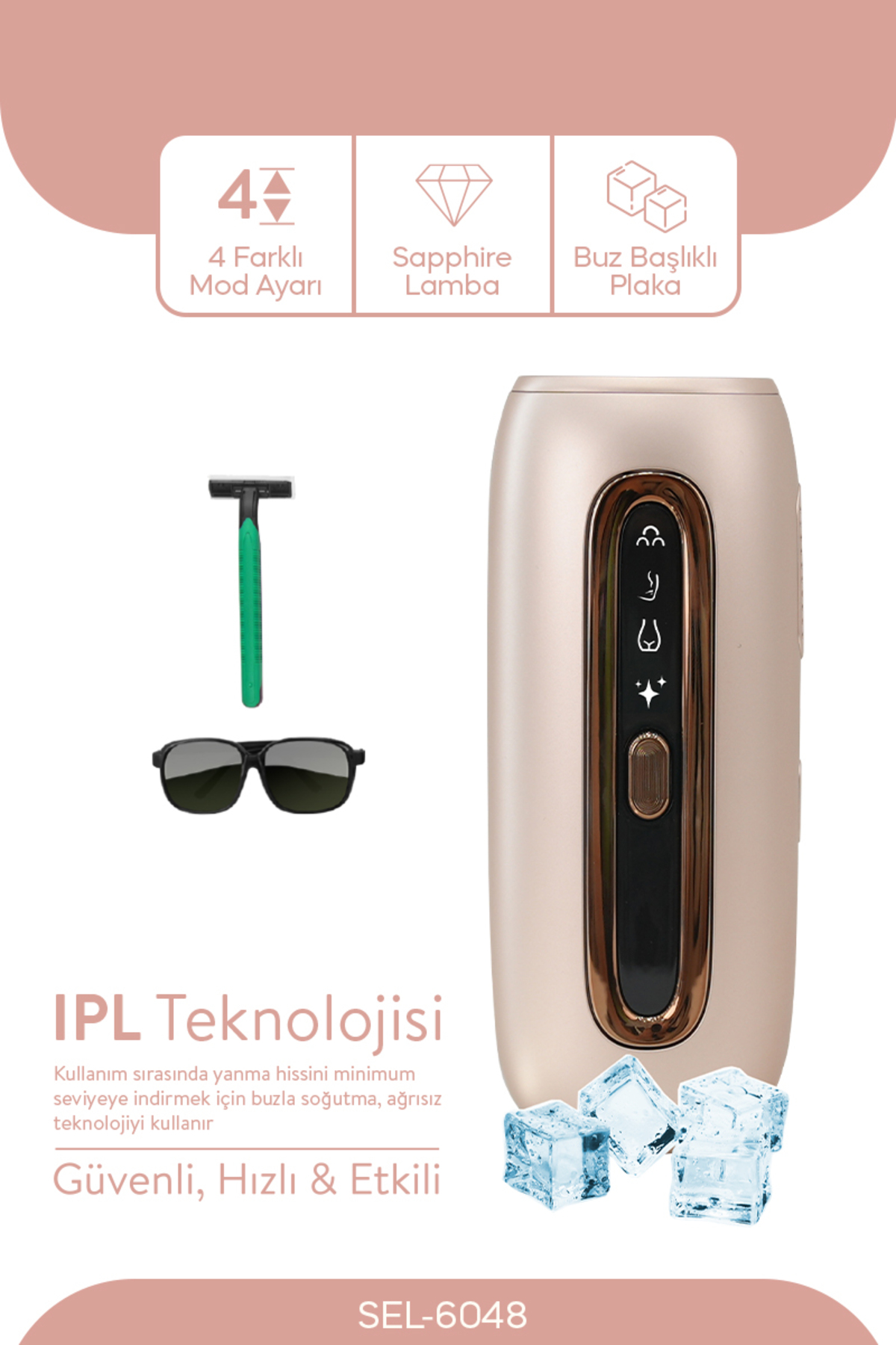 Pembe arka planda tıraş bıçağı, koruyucu gözlük ve buz küpleri olan altın renkli IPL epilasyon cihazı.