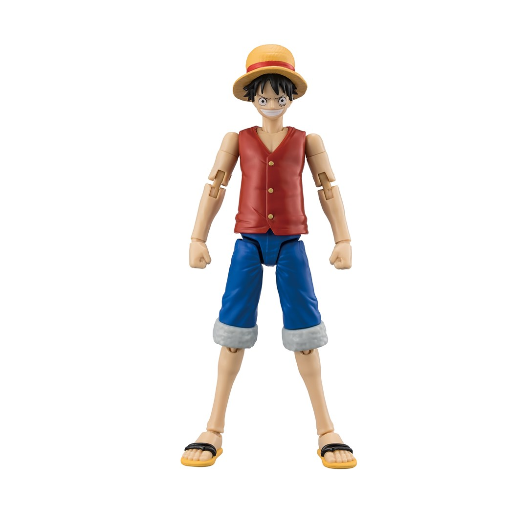 Figurka akcji Monkey D. Luffy'ego w czerwonej kamizelce, niebieskich spodenkach i słomkowym kapeluszu.