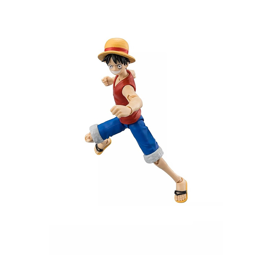 Figurka Monkey D. Luffyego z One Piece w dynamicznej pozy skoku, w słomkowym kapeluszu, czerwonej kamizelce i niebieskich spodniach.