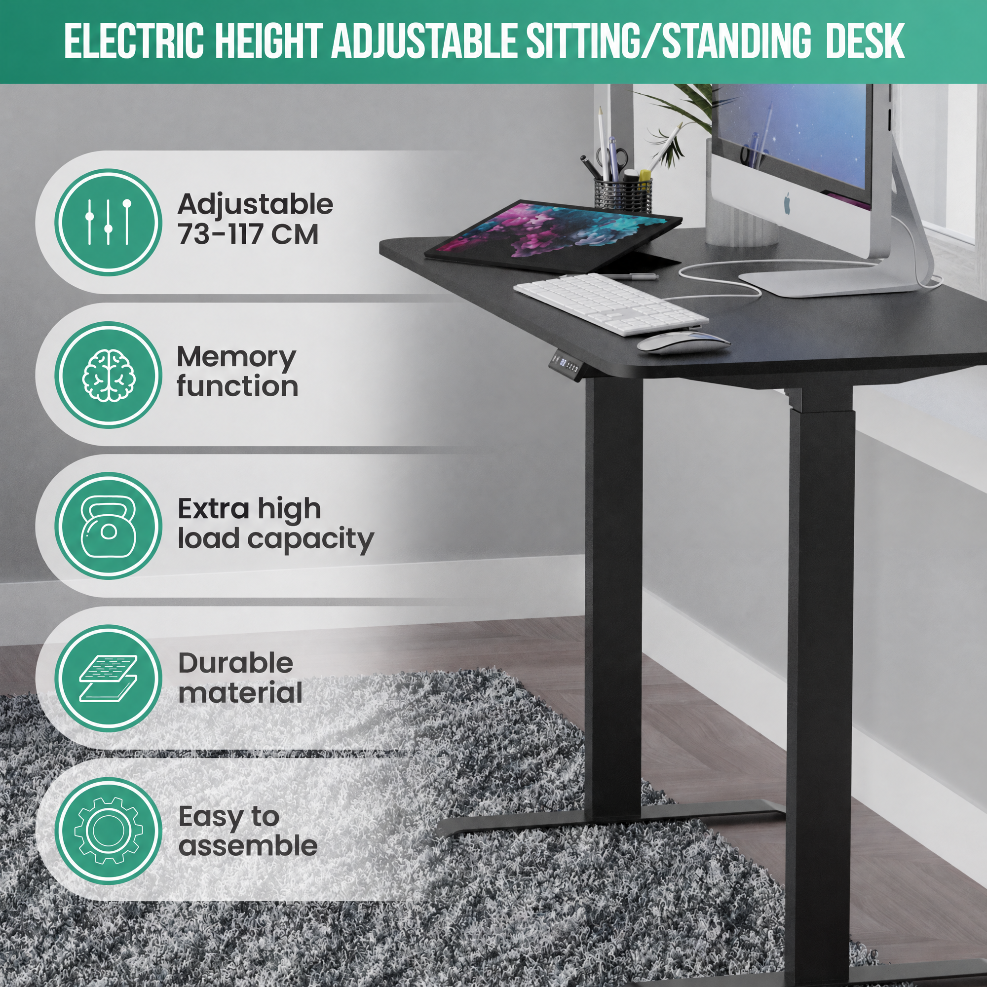 A black electric standing desk with features listed on the left, including adjustable height and memory function.